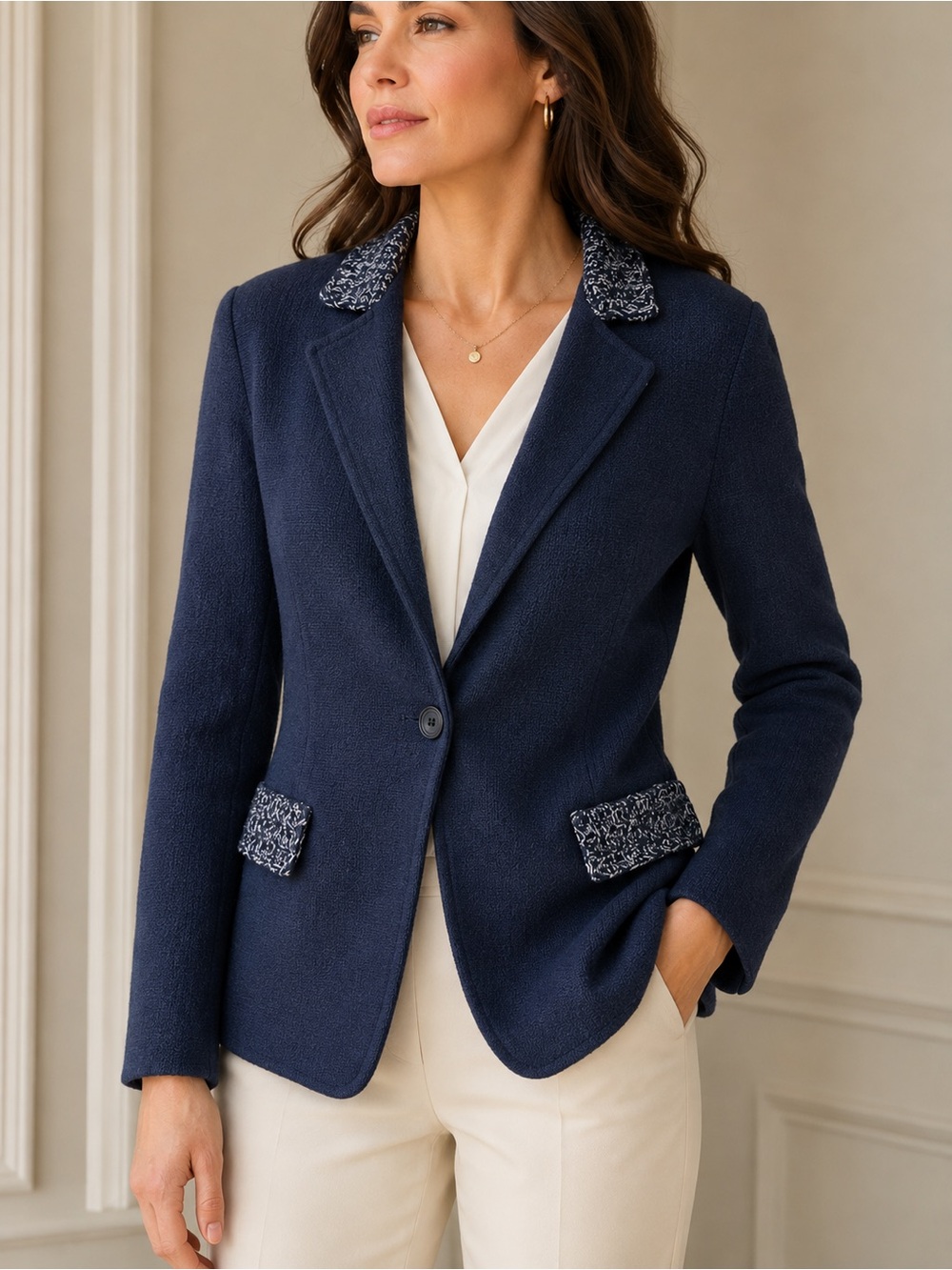 Amina Rubinacci Navy Cotton Knit Blazer Tweed Trim  IT 42 US 6